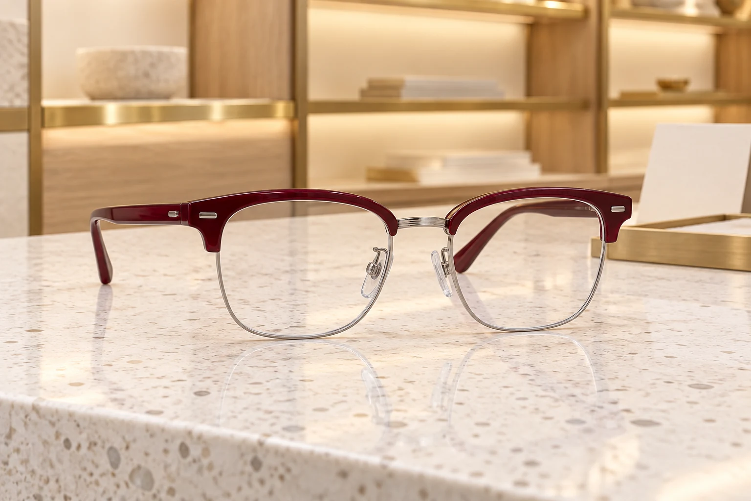 Burgundy browline eyewear on a premium optical shop counter