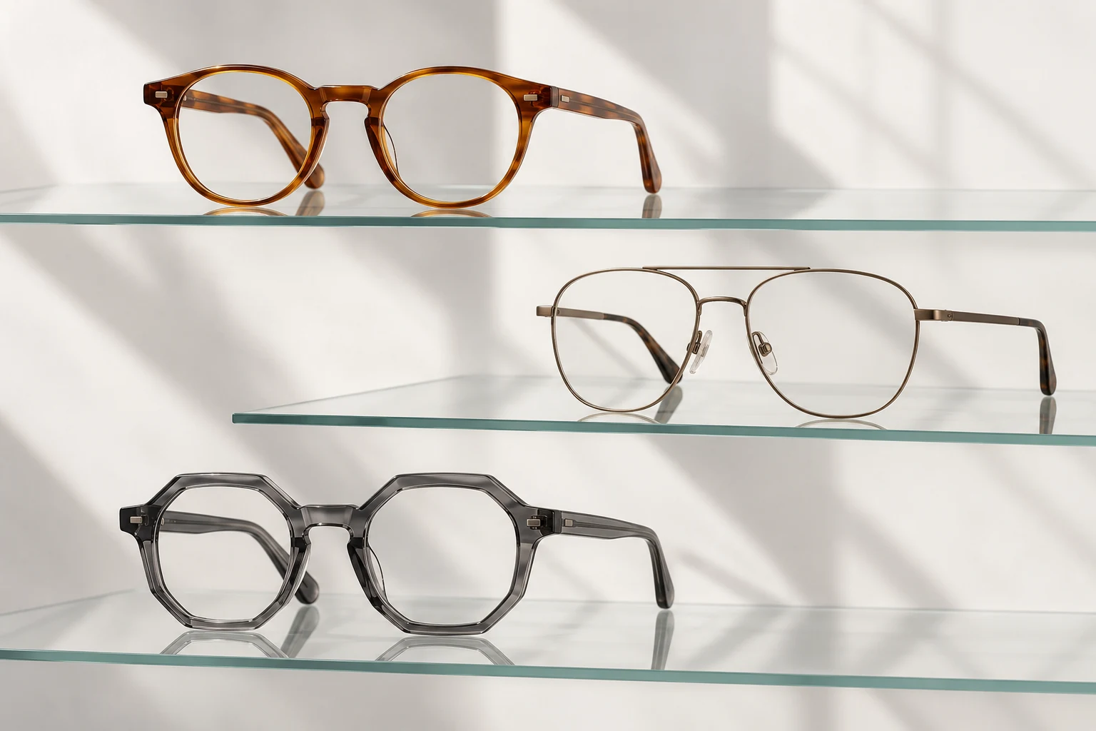 Amber panto, bronze pilot and smoke-crystal octagonal optical frames on a glass display
