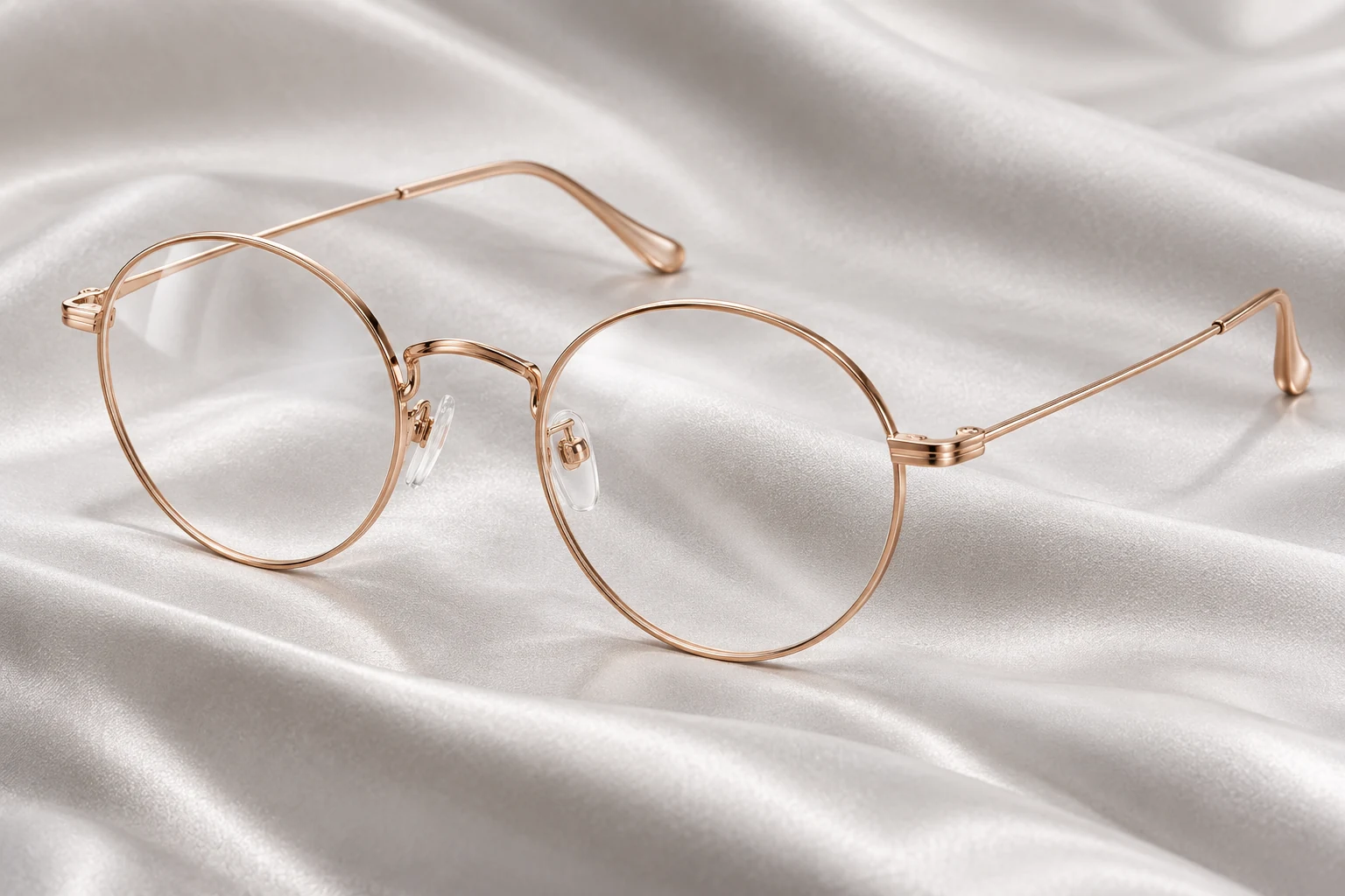 Rose-gold round metal spectacle frame with fine bridge and hinge details