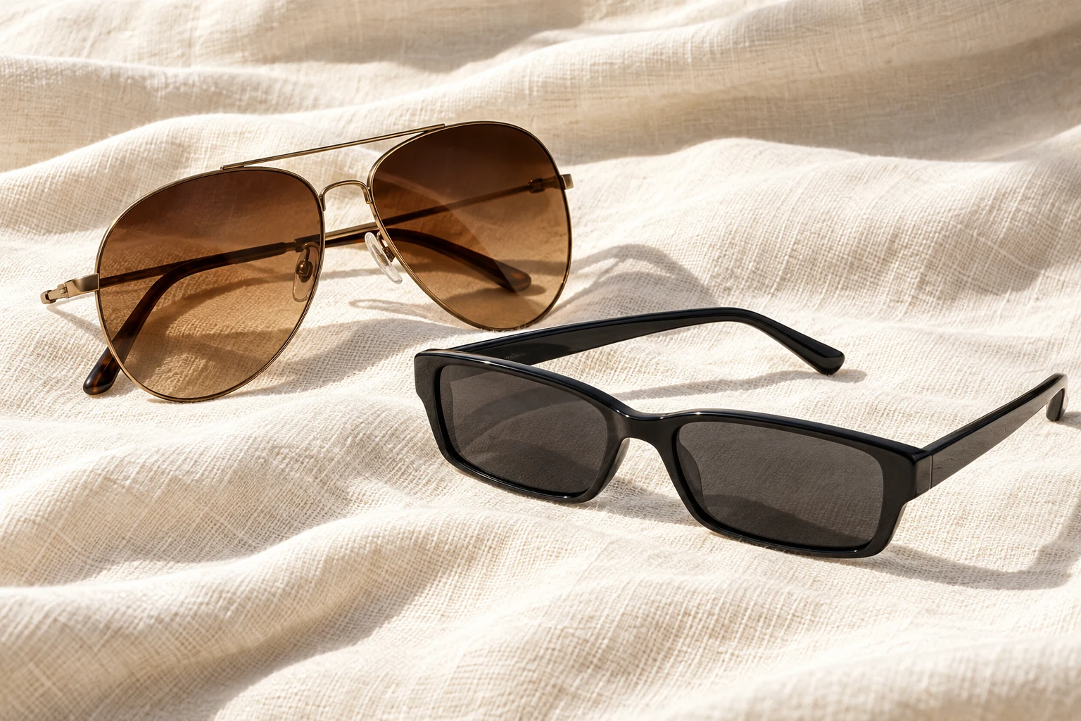 Vintage bronze aviator and slim black rectangular sunglasses with brown and smoke lenses