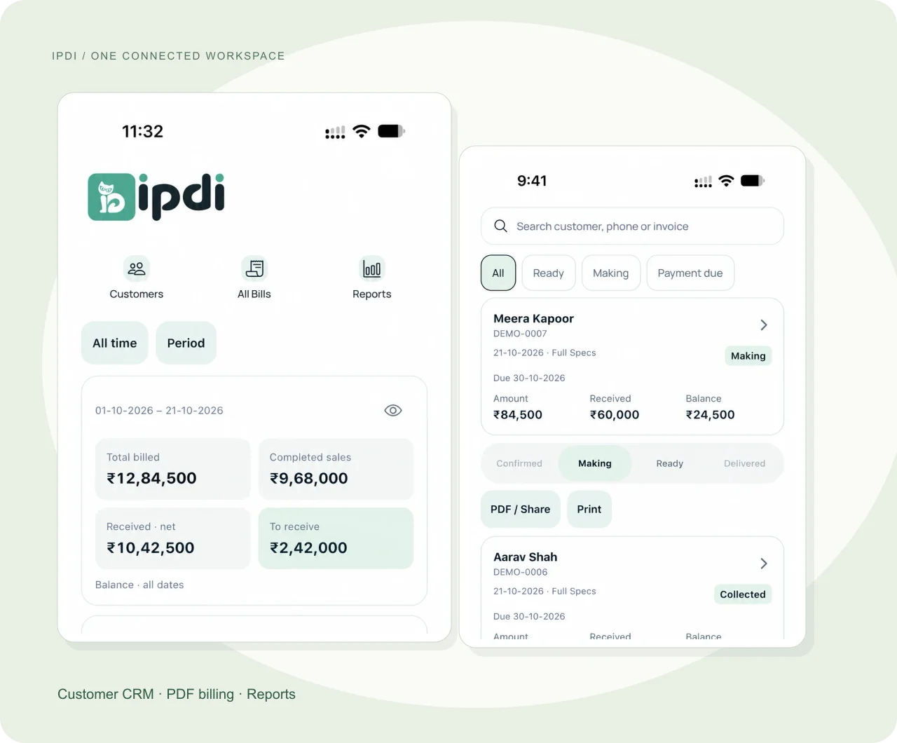 IPDI ऐप के डैशबोर्ड, ग्राहक रिकॉर्ड और PDF बिलिंग की झलक; सभी रिकॉर्ड काल्पनिक डेमो डेटा हैं।